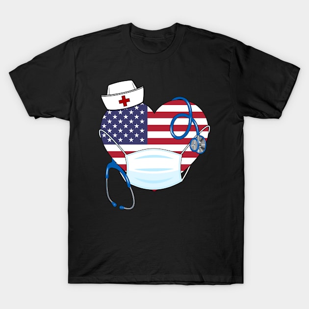 American Flag Nurse Stethoscope Heart T-Shirt by ragsmips